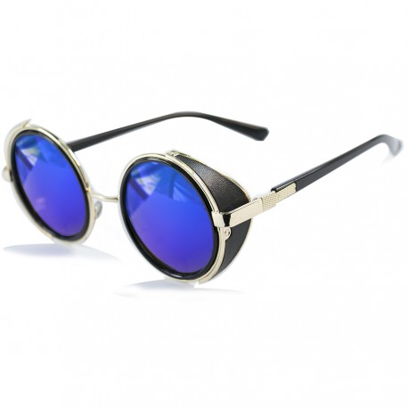 Steampunk Round Side Protected Design Blue Mirrored Sunglasses